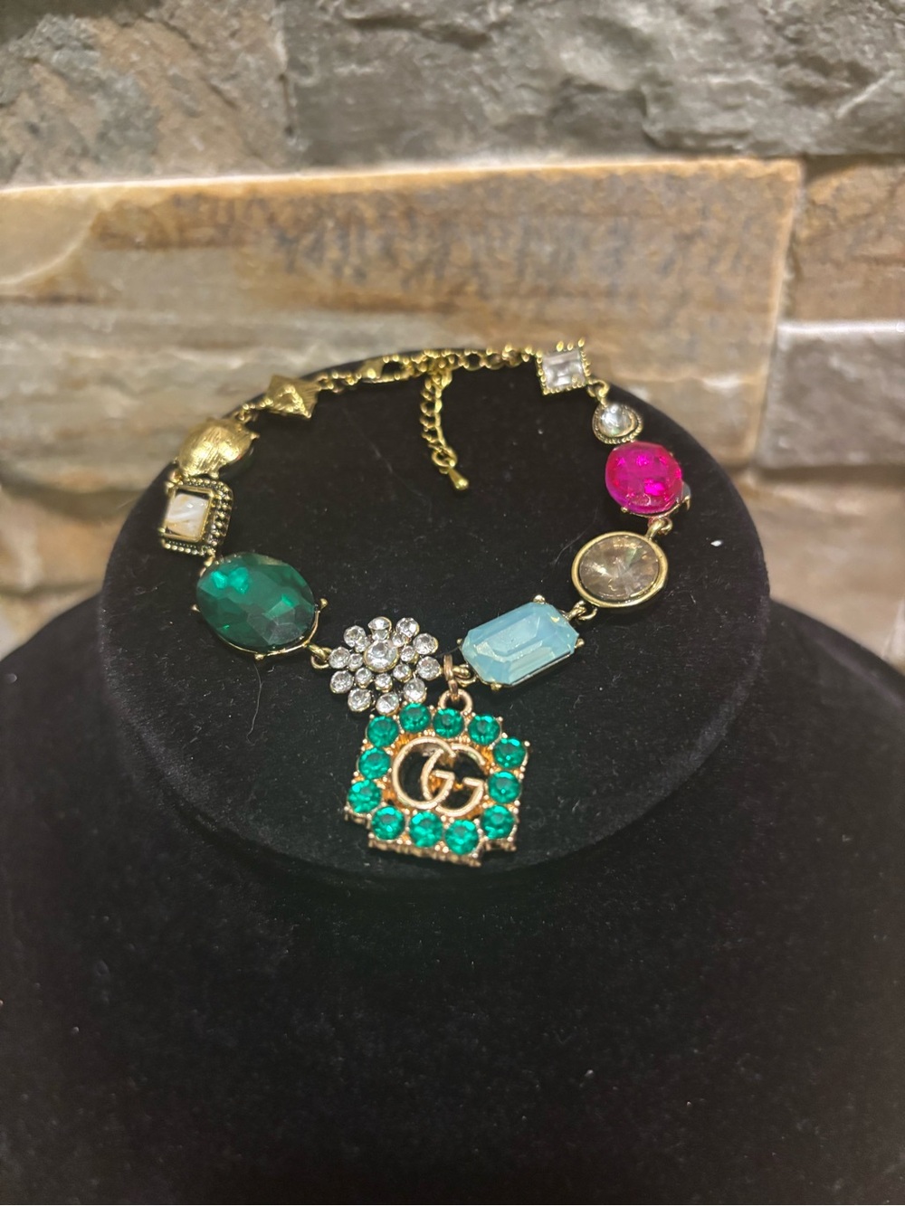 Gold & multicolored gem Bracelet with Green GG Crystal Pendant